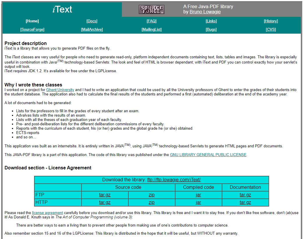 iText website in 2001